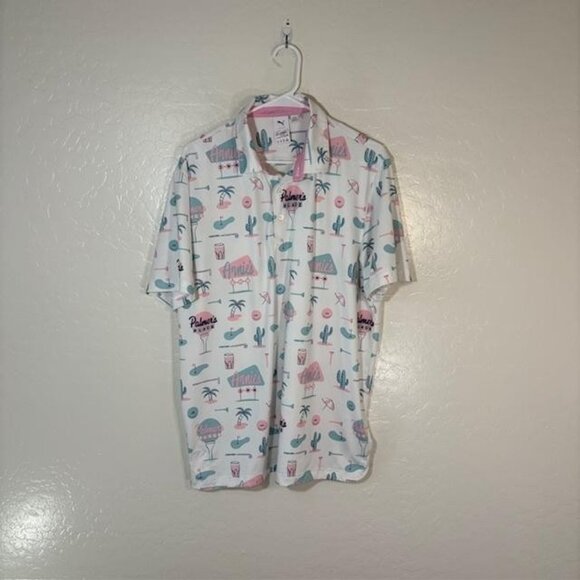 Puma Arnold Palmer Collection Polo Shirt Mens Large White Pink Blue Golf Print - Picture 1 of 7